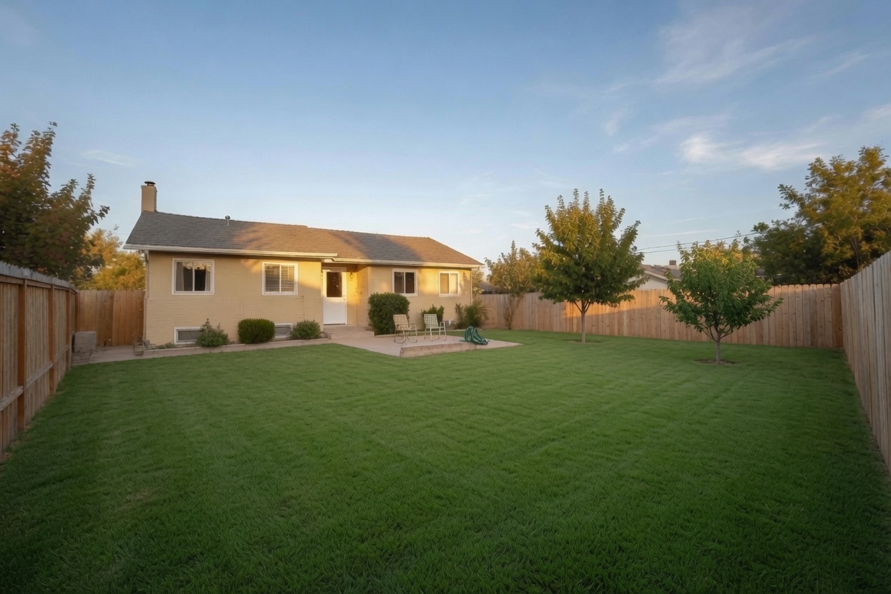 The backyard before the project — a wide, flat, empty lawn of green grass behind a single-story house