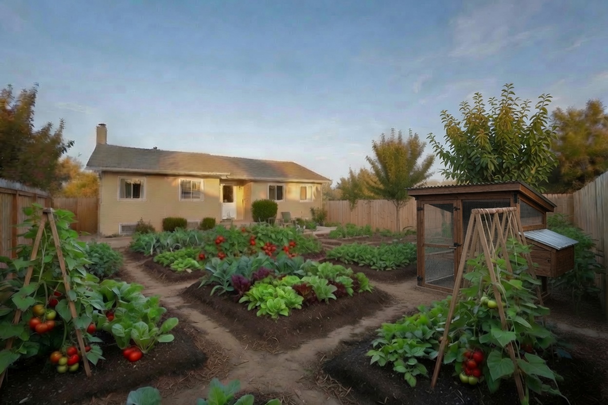 A backyard that was lawn a year earlier, now full of raised vegetable beds, tomato stakes, and a small chicken coop at golden hour