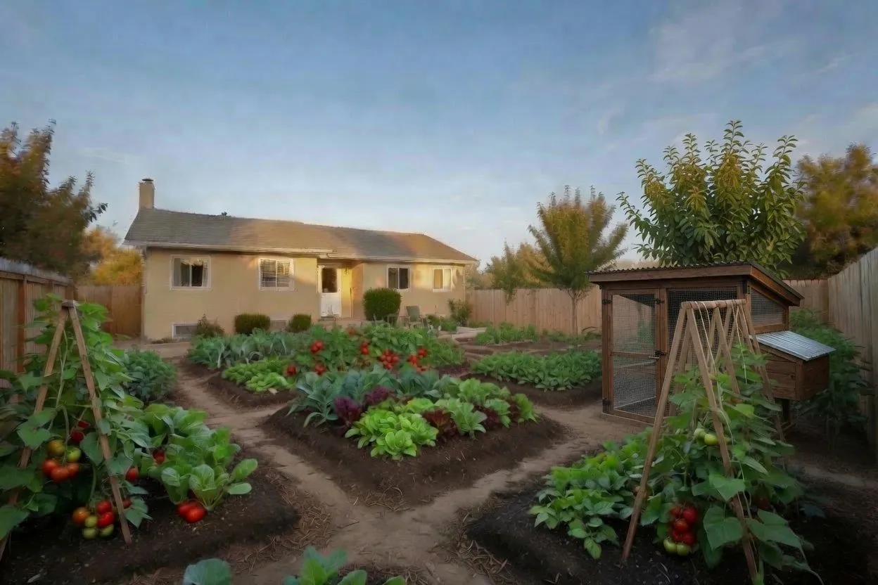 A backyard that was lawn a year earlier, now full of raised vegetable beds, tomato stakes, and a small chicken coop at golden hour