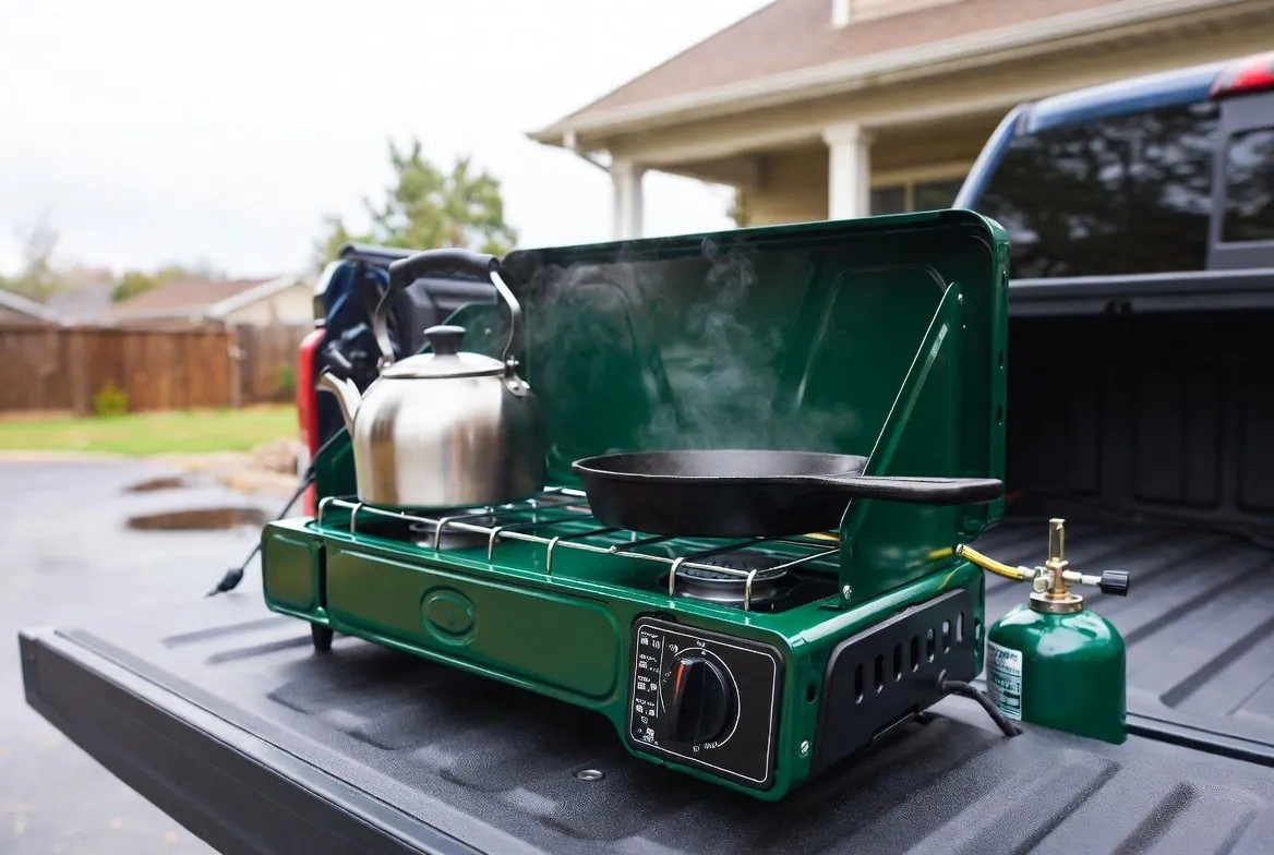A two-burner propane camp stove on the open tailgate of a pickup truck in open air, a kettle steaming and a cast-iron skillet on the burners, the house and its porch well in the background