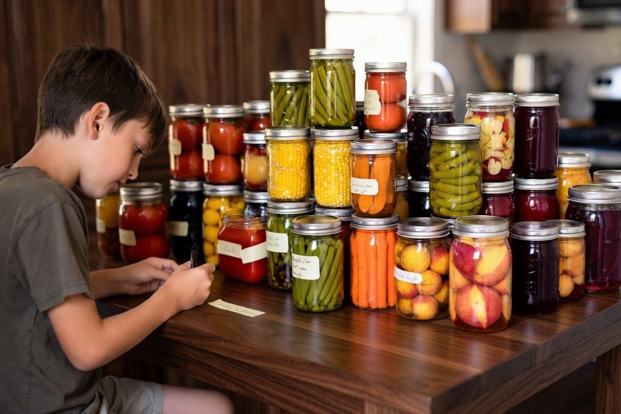 A boy at a wooden table writing a label beside dozens of Mason jars of home-canned vegetables and fruit in every color — green beans, corn, carrots, tomatoes, peaches, beets and preserves