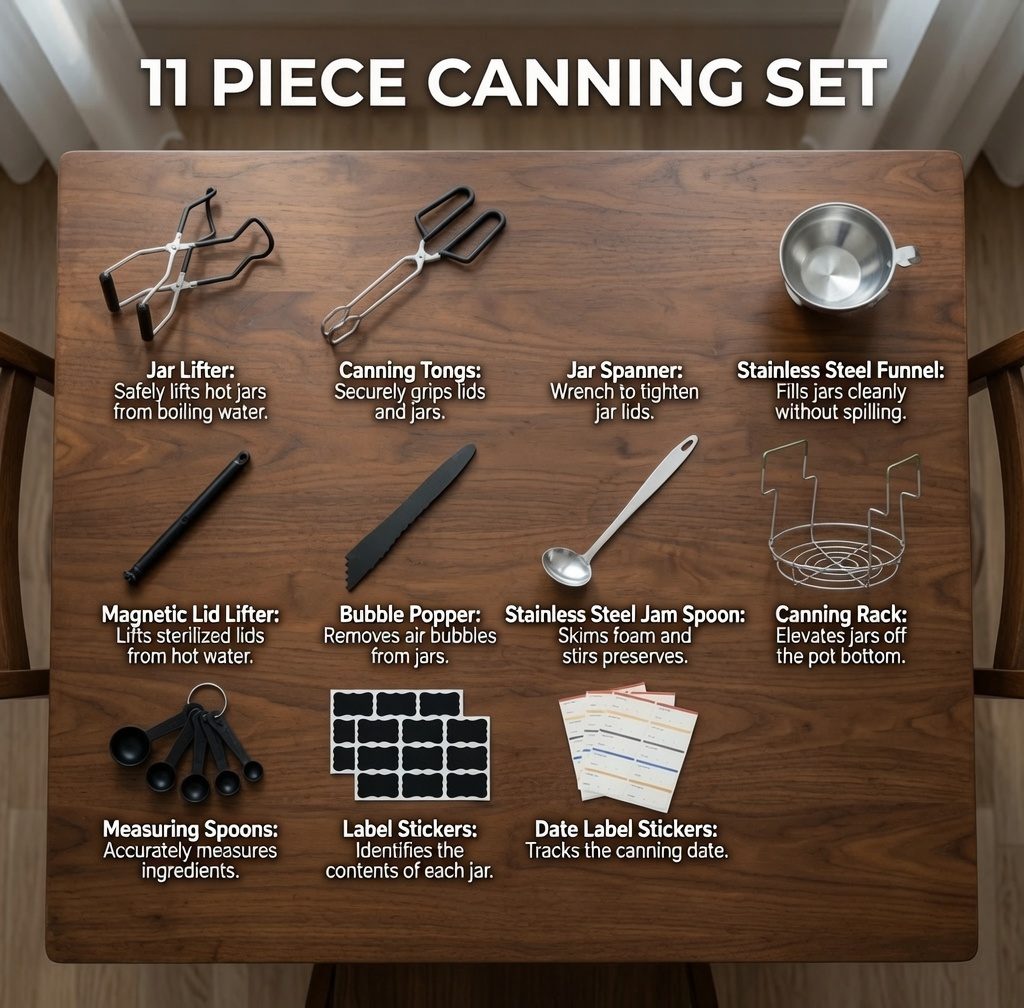 A canning tool set laid out on a wooden counter: rubber-jawed jar lifter, wide canning funnel, plastic bubble-remover wand, and a magnetic lid lifter