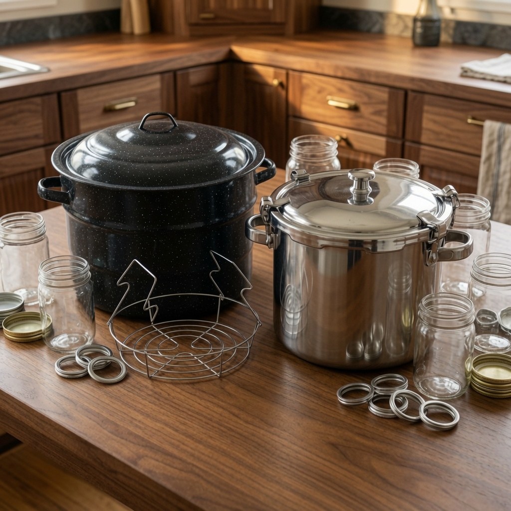 A tall water-bath canning pot with a jar rack beside a heavy gauge-topped pressure canner on a kitchen counter