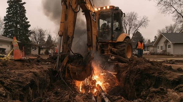 Yellow backhoe cutting through underground power cable with sparks flying in residential neighborhood