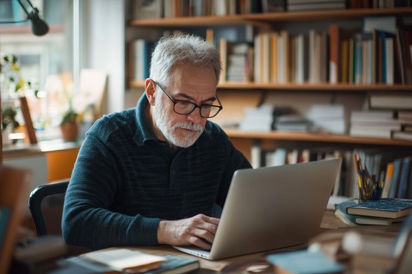 An older man working on a project at his garage bench