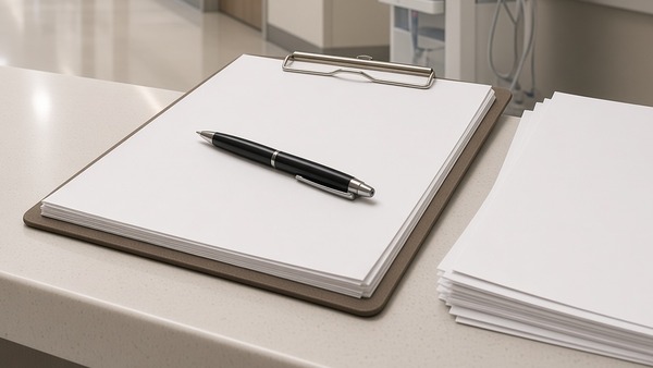A clipboard of blank admission papers with a pen on a counter in a care facility corridor