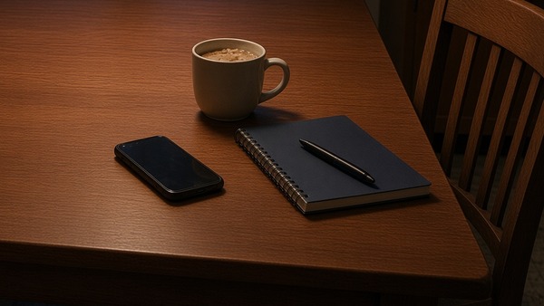 A kitchen table before dawn with a phone, a mug of cold coffee and a closed notebook on it, and an empty chair