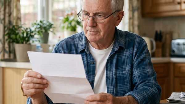 An older man reading a letter at his kitchen table with a laptop beside him