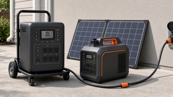 A portable lithium power station and a small inverter generator set up together in a garage