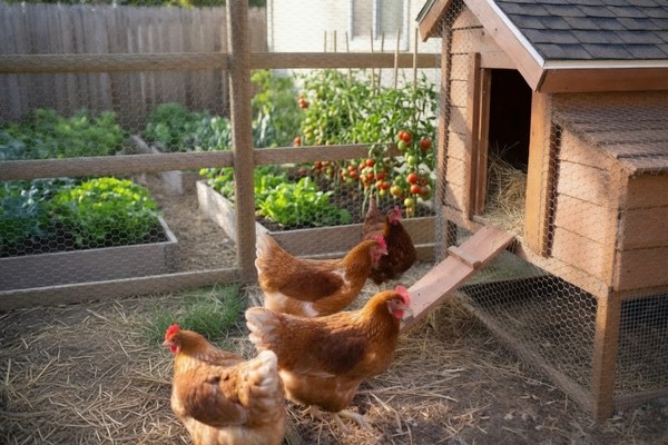 Backyard hens in a garden run beside raised beds