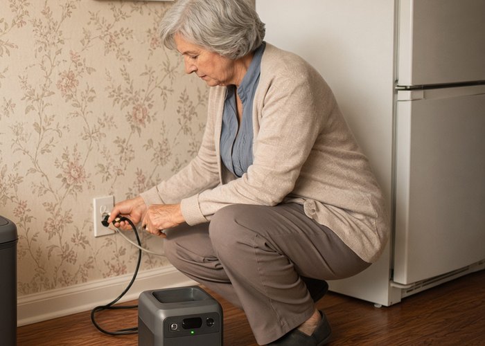 A silver-haired woman crouching beside her refrigerator, plugging a small power station into the wall