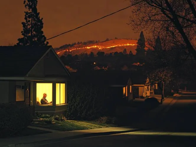 Elderly man visible in lit window as wildfire burns on hills behind dark California neighborhood during PSPS outage