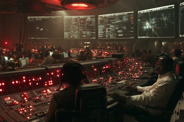 A power grid control room at night, operators watching wide curved consoles