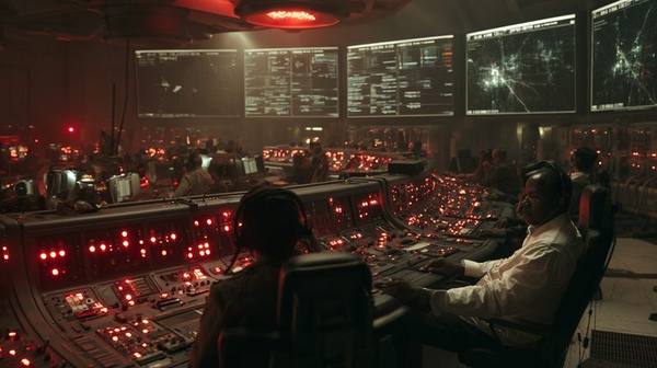 Power grid emergency control room with red warning lights