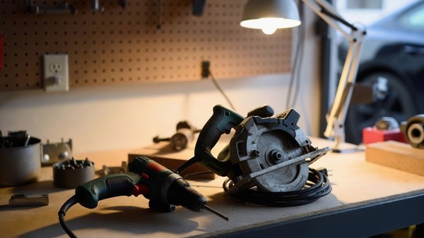 A corded circular saw on a workbench with its cord running to a wall socket