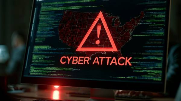 Computer screen showing cyber attack alert on US power grid map