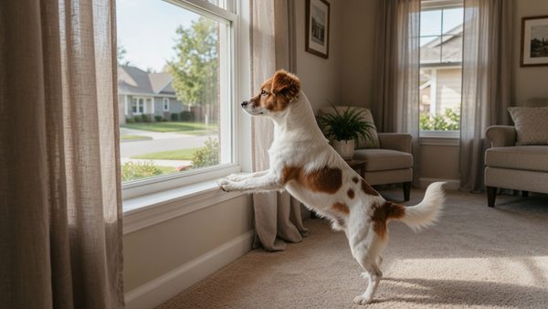 A small brown and white dog with its paws on a windowsill watching a suburban street