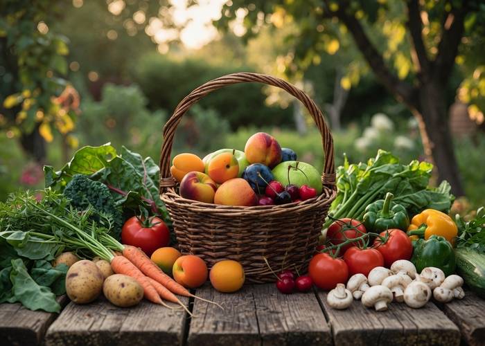 Basket of fresh-picked apricots, apples, peaches, plums, and cherries from a home orchard