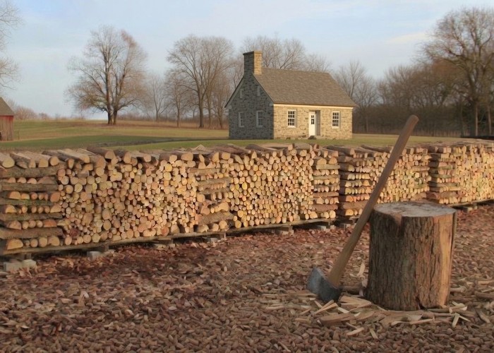 A neatly stacked woodpile of split logs under a covered top, drying beside an old stone house