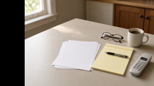 A kitchen table in morning light with blank price lists, a legal pad and pen, reading glasses, a coffee mug and a cordless telephone