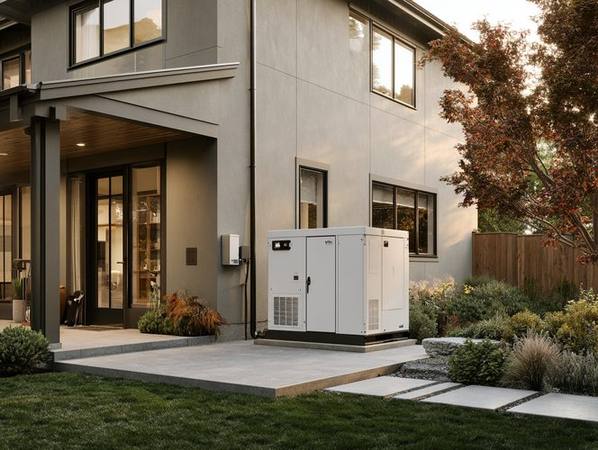 Whole-home standby generator installed beside a house on a concrete pad