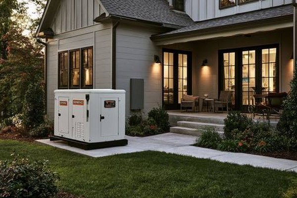 A whole-home standby generator on a concrete pad beside a house