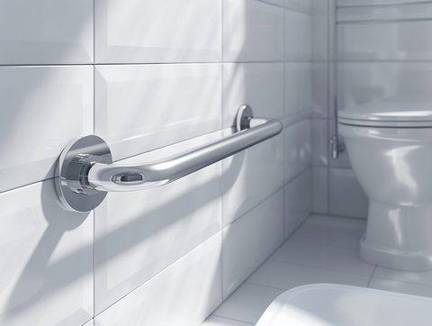 Accessible bathroom with stainless steel grab bars beside toilet and inside shower