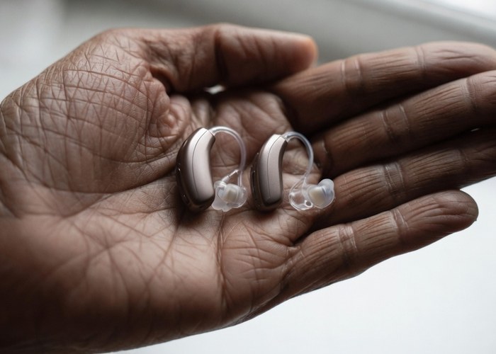 A weathered open hand holding a pair of small behind-the-ear hearing aids