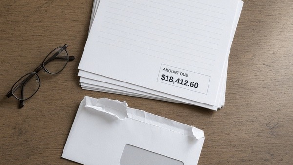 A stack of stapled hospital statement pages on a kitchen table beside a torn-open window envelope and a pair of reading glasses, the amount due box reading $18,412.60
