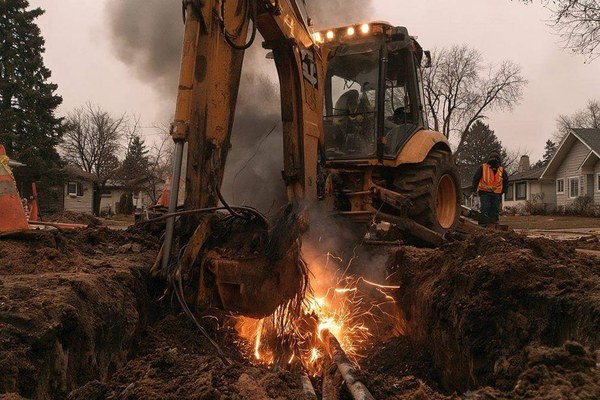 An excavator working beside buried utility lines