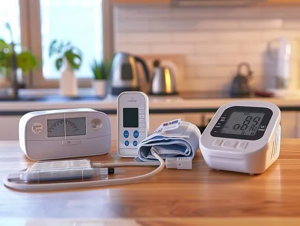Home medical monitoring devices — blood pressure monitor, pulse oximeter, and thermometer — on a warm kitchen counter