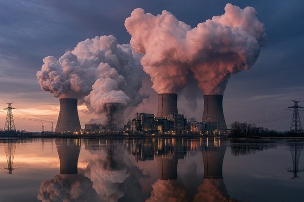 A nuclear power plant cooling tower at dusk