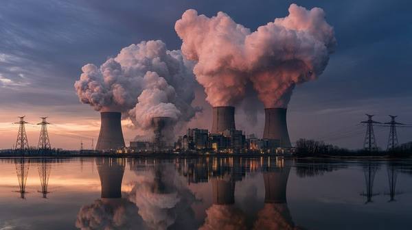 Nuclear power plant with four massive cooling towers billowing steam reflected in river at sunset