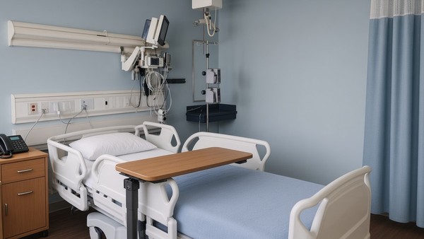 An empty hospital room with a made bed, an overbed tray table and an IV pole