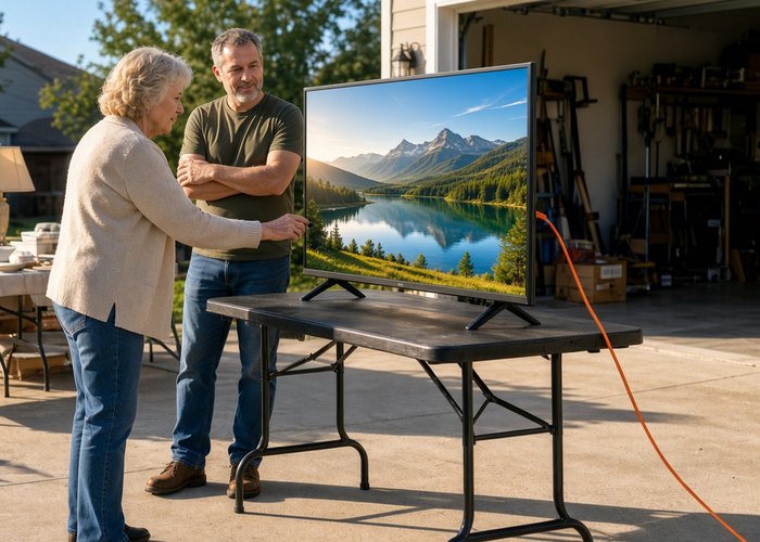An older woman checking a flat-screen television switched on at a driveway garage sale
