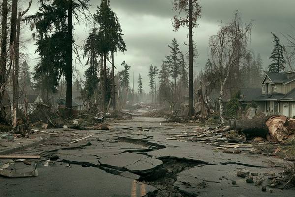 Pacific Northwest suburban street devastated by earthquake with cracked road and fallen trees