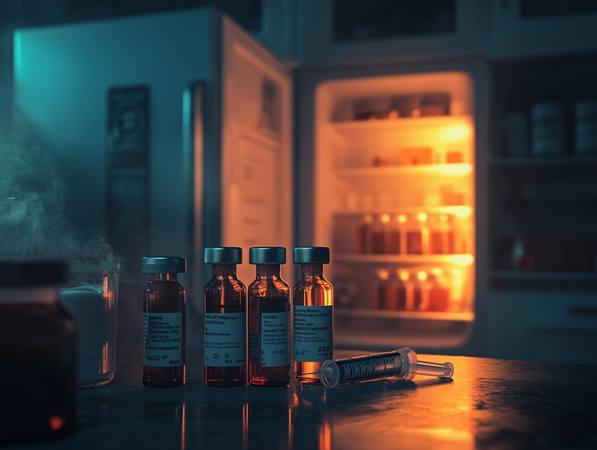 Insulin vials and syringe on dark kitchen counter with open refrigerator glowing amber behind — the image that captures what a power outage means for a diabetic senior in extreme heat
