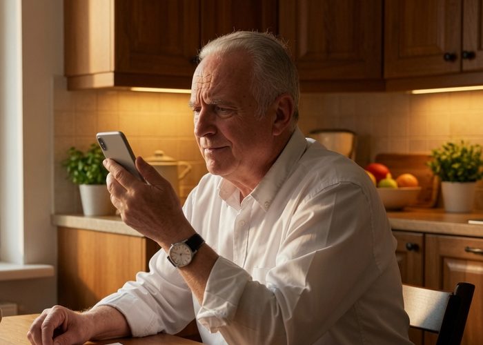 An older man at his kitchen table holding a telephone away from his ear, looking at it thoughtfully, a notepad and a mug in front of him