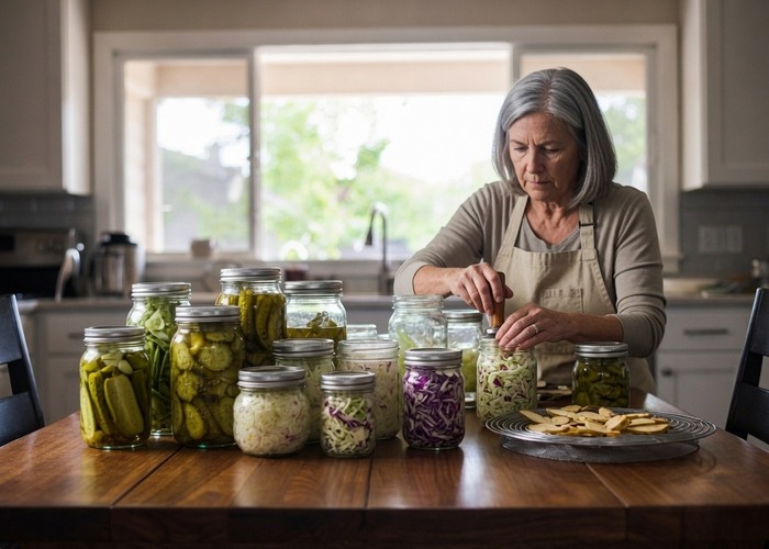 A woman in an apron at a kitchen table crowded with jars of pickles and sauerkraut, pressing one down with a wooden tamper