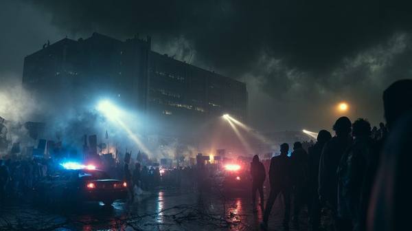 Protesters gathered outside dark utility company headquarters at night with police lights and smoke