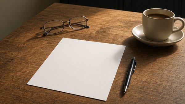 A blank sheet of paper and a pen on a kitchen table in late-afternoon light beside reading glasses and a cup of coffee