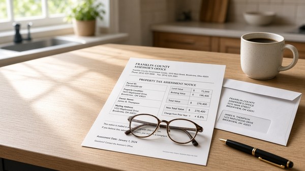 A property tax assessment notice opened on a kitchen table with reading glasses, a mug and a pen