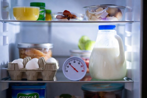 A refrigerator thermometer reading forty degrees on a shelf