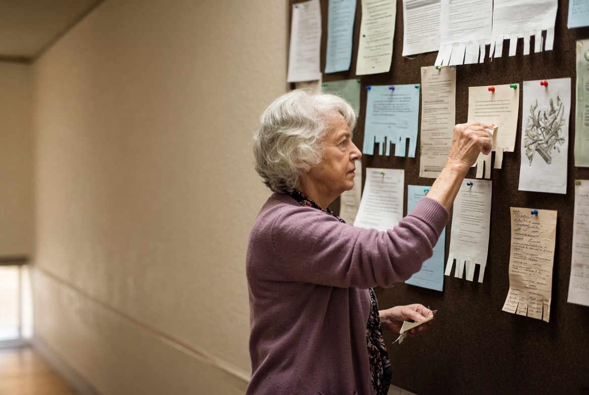 An older woman tearing a paper tab off a flyer on a community bulletin board, another slip already in her hand