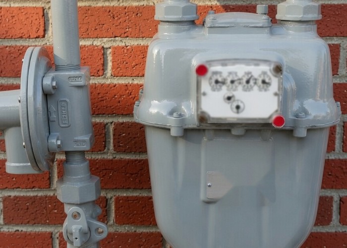 A residential gas meter on the outside wall of a house, grey steel pipe rising from the ground through a round service regulator into the meter body