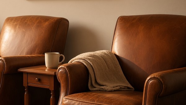 Two worn leather armchairs side by side with a knitted blanket over one arm and a mug on the table between them