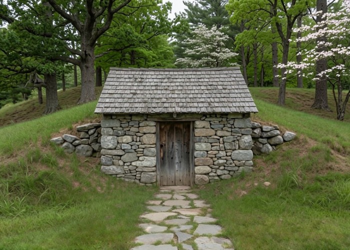 A small stone spring house with a shingled roof and plank door, banked into a low hillside