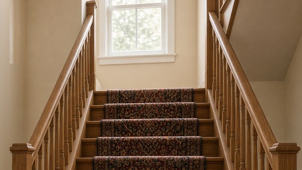 A straight carpeted staircase with wooden handrails on both sides rising toward a window