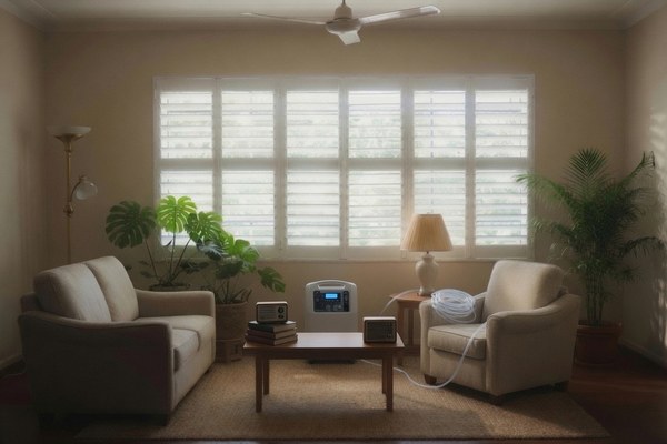 A home oxygen concentrator standing silent in a Puerto Rican living room