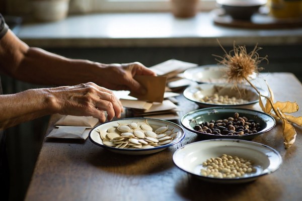 Hands sorting hand-labelled paper seed packets at a kitchen table